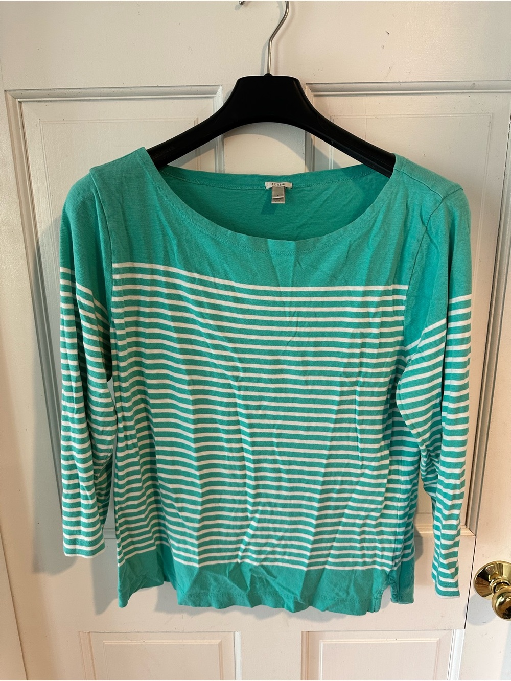 J. Crew Teal and White Striped Scoop Neck Long Sleeve Top